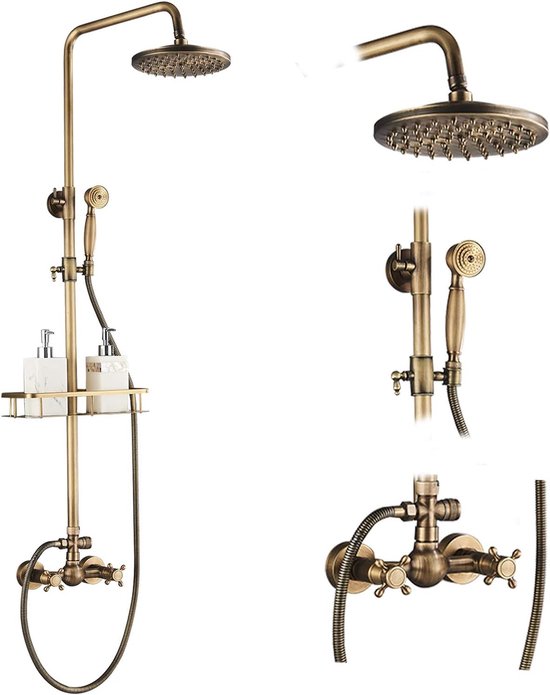 Douchekolomset in antiek messing met douchestang, opbergplank en handdouche.