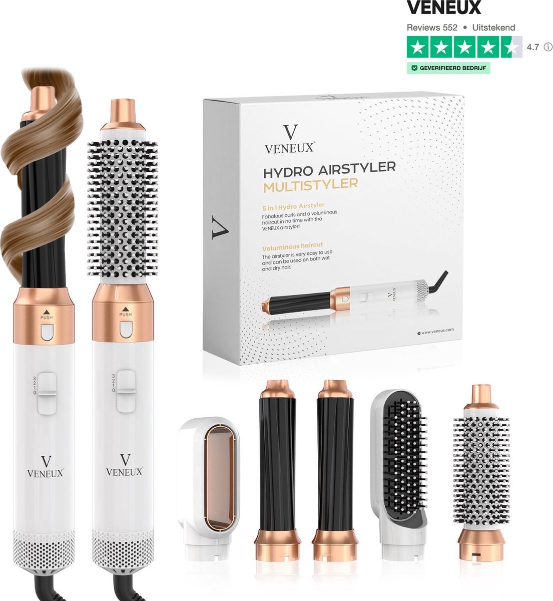 VENEUX® Föhnborstel - Airstyler - Krulborstel - Warmteborstel - 5 in 1 Multistyler - Wit Met Goud - 2025 Editie