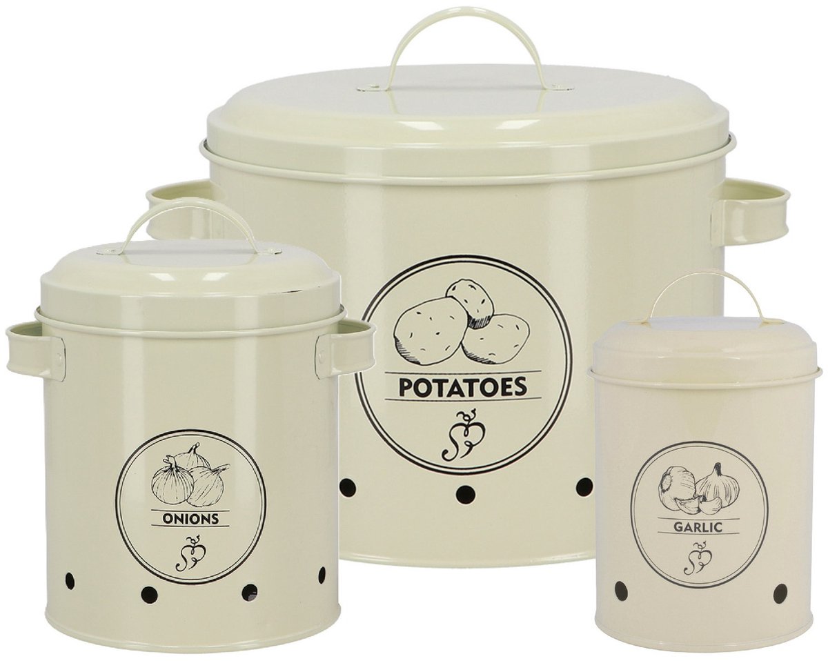 Secrets du Potager Uien/knoflook/aardappelen bewaar blikken - metaal - creme - set van 3 - voorraad/bewaar pot