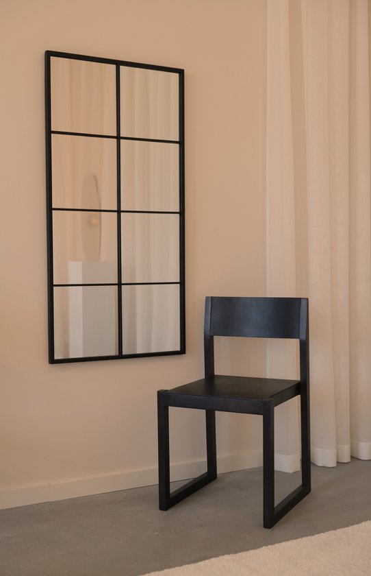 VIDI Sylun – Grand miroir avec grille Zwart – 120 x 60 cm – Miroir pleine longueur – Miroir mural, suspension horizontale et verticale possible – Acier