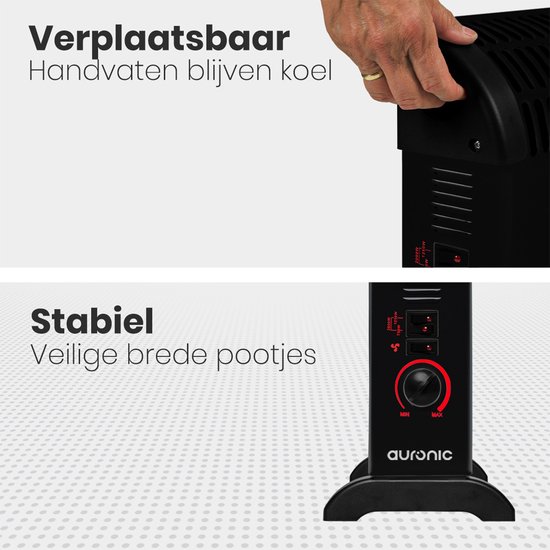 Zwarte Auronic convectorkachel, getoond met een handgreep die koel blijft, en de stabiele brede pootjes.