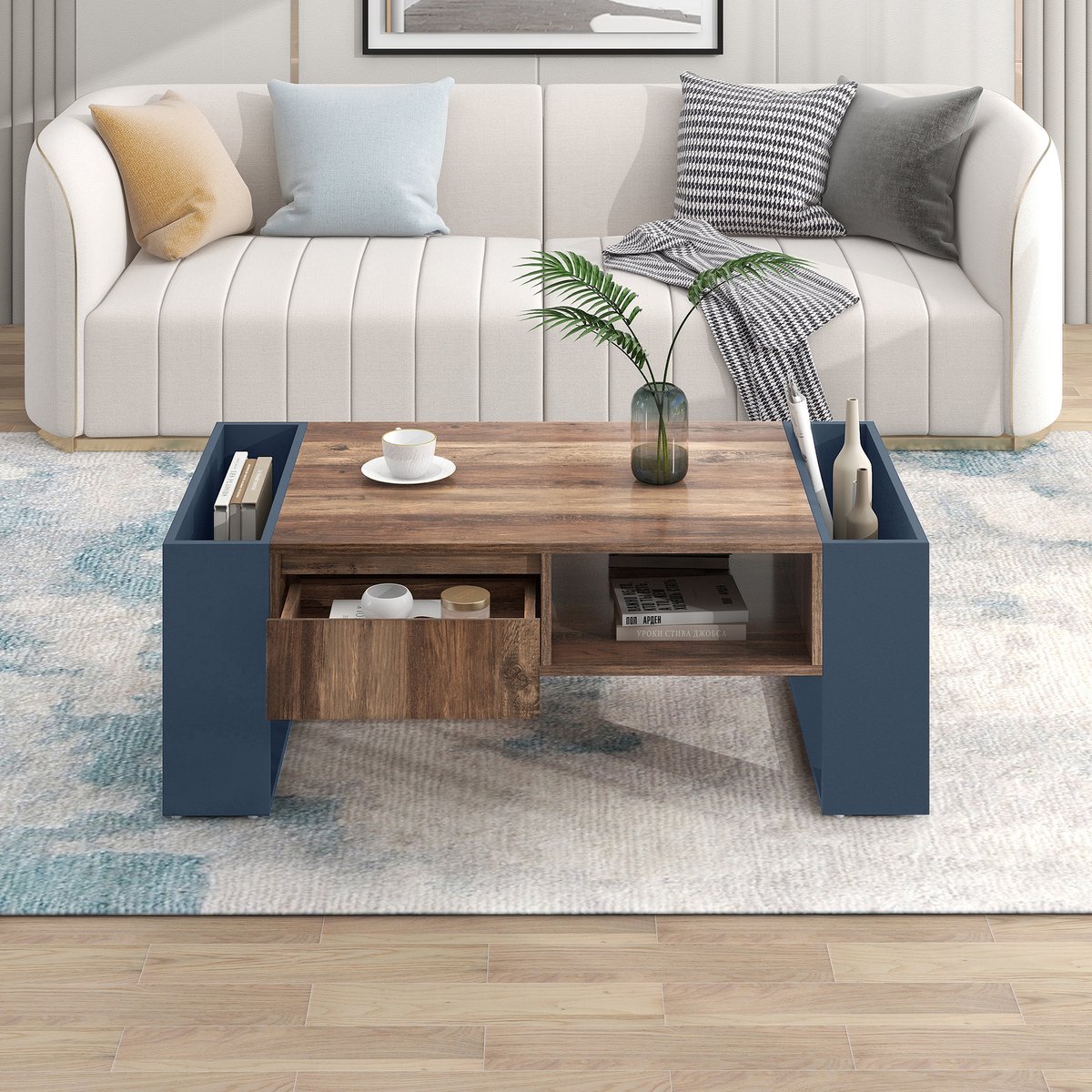 Couchtafel met houtnerf, met een lade zonder handgreep, een opbergvak en een achterste opbergvak, tweezijdige opbergruimte. Met opbergvakken aan beide kanten. Woonkamer salontafel, grote opbergruimte. Antraciet
