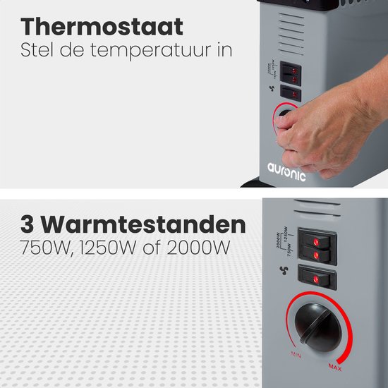 Grijze Auronic convectorkachel met bedieningspaneel. Een hand past de thermostaat aan, wat de temperatuur instelt. Drie warmtestanden: 750W, 1250W, 2000W.