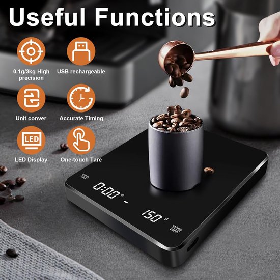 Balance à Café - Avec minuteur - Balance de cuisine numérique - Balance de précision - Barista - Balance de précision 0- Numérique et rechargeable par USB - 3 kg