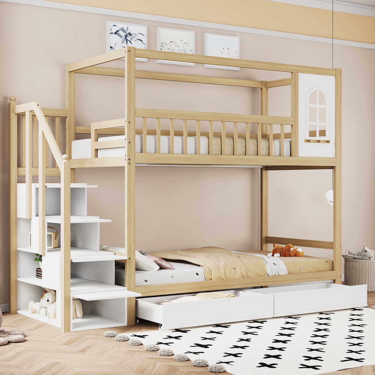 Merax Stapelbed - kinderbed 90x200 cm - huisvorm met raam - veiligheidshekontwerp met opberglades en veiligheidsladder - houtkleur - zonder matras