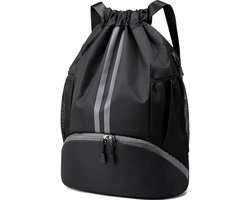 BOTC Sportrugzak met trekkoord - 22L - Zwemtas met trekkoord - met schoenenvak en natbestendig vak - voor Dames en Heren - Zwart