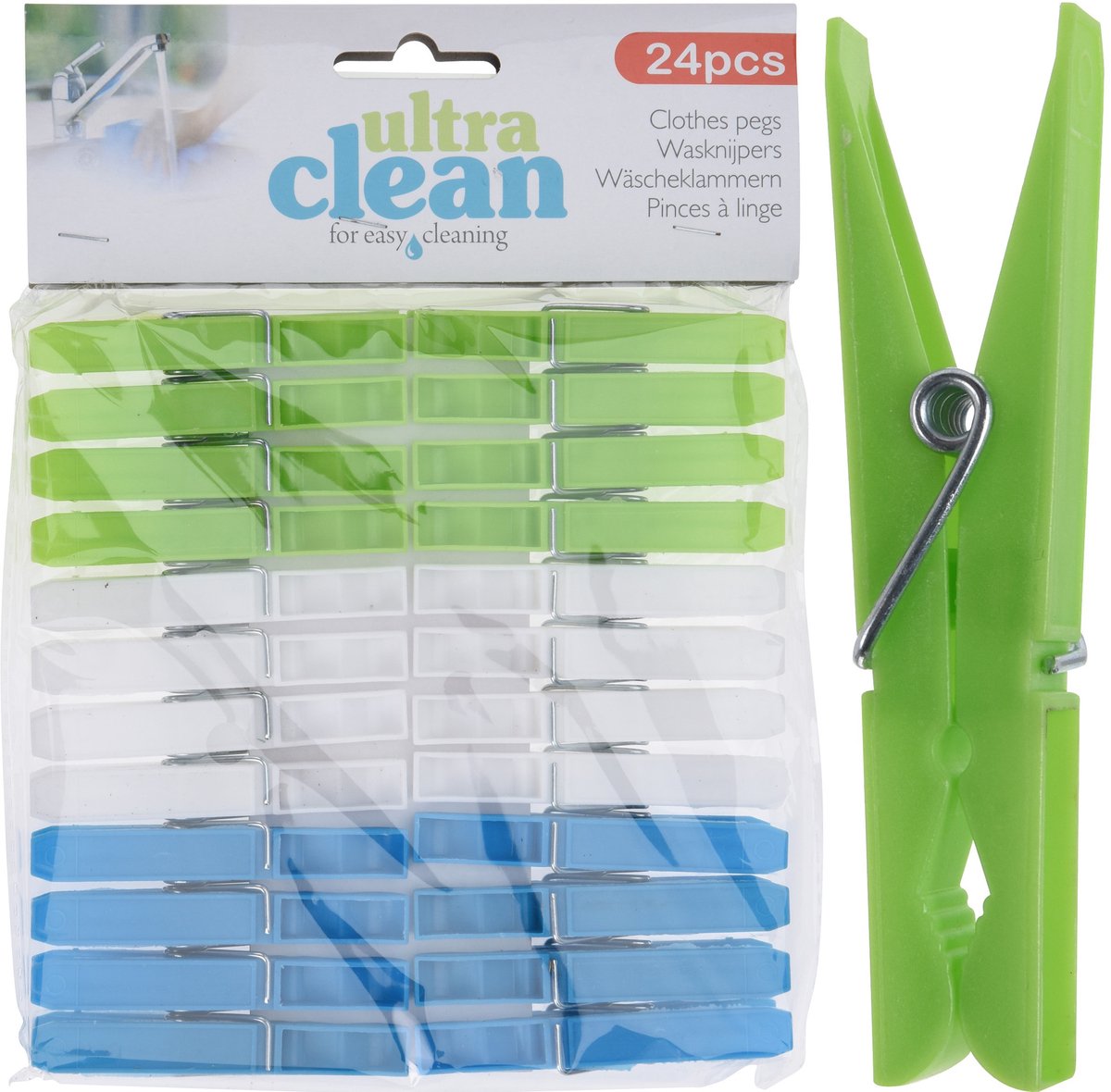 Ultra Clean Wasknijpers - 24x stuks - groen/blauw/wit - van kunststof - formaat 7 cm - wassen - was ophangen