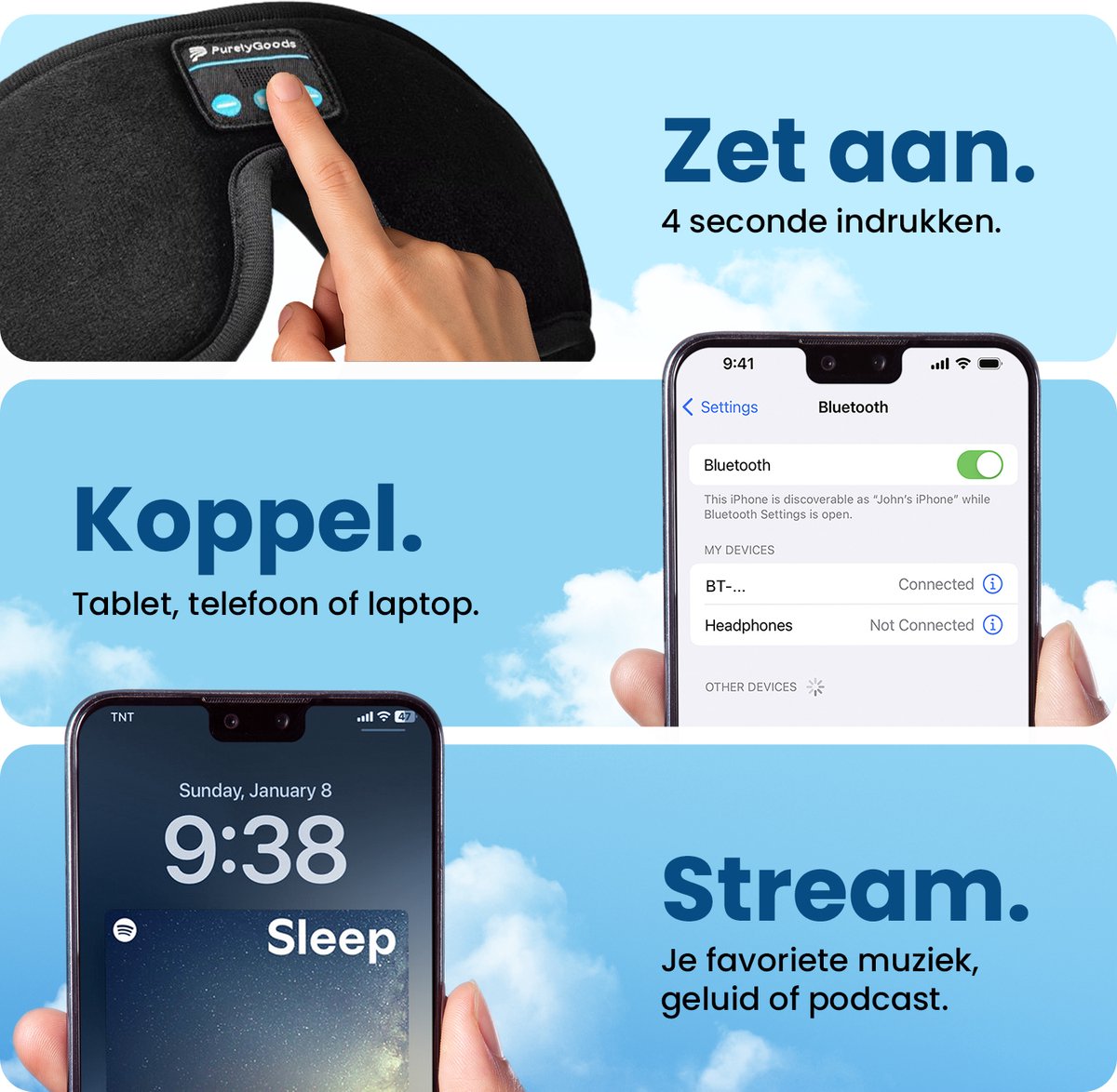 PurelyGoods® Slaapmasker Bluetooth - Oogmasker Slaap - Koptelefoon - Verduisterend - Vrouwen en Mannen — afbeelding 9