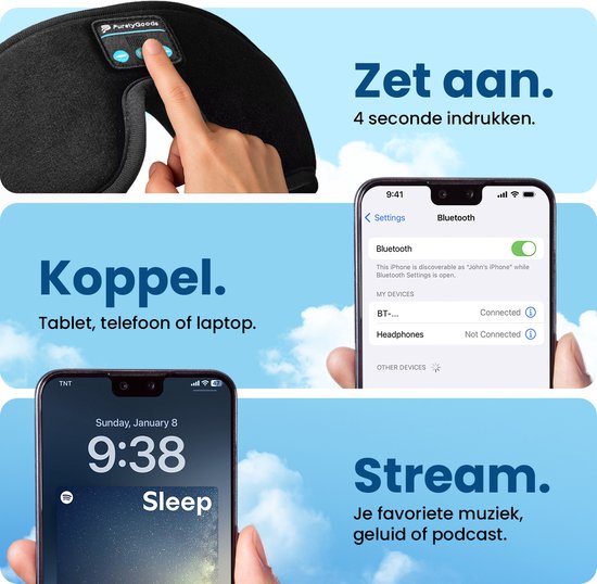 Une main appuie sur les boutons bluetooth du masque de nuit noir. Couplage avec tablette, téléphone ou ordinateur portable. Diffusion de musique, son ou podcast.