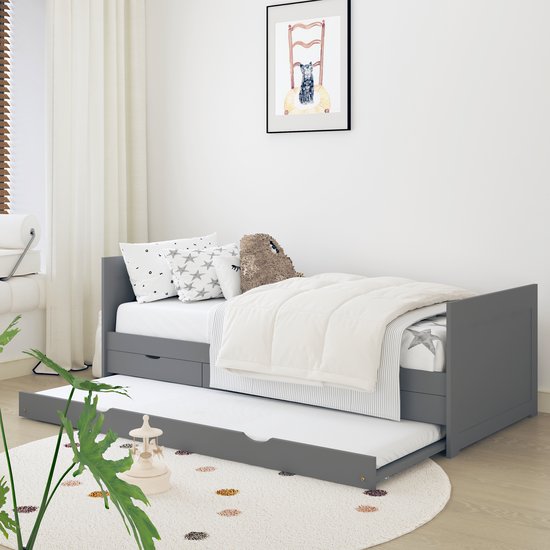 Sunny Eli Lit gigogne – Avec 3 tiroirs de rangement – Lit gigogne enfant – 206 x 97 x 75 cm – Lit enfant pour filles et garçons – 100% Bois FSC – Avec sommier à lattes – Matelas non inclus – Gris