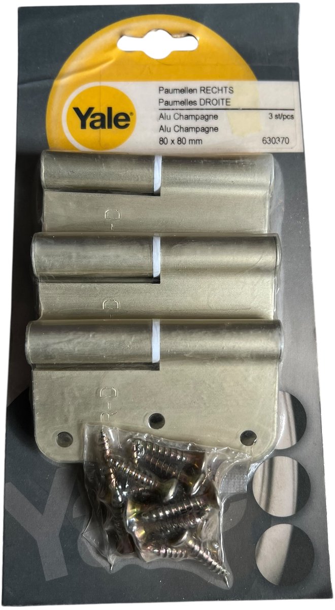 Yale Aluminium zware Kwaliteit Scharnieren / Paumelle Champagne 80 mm x 80 mm rechts 3 stuks afgeronde hoeken incl schroeven