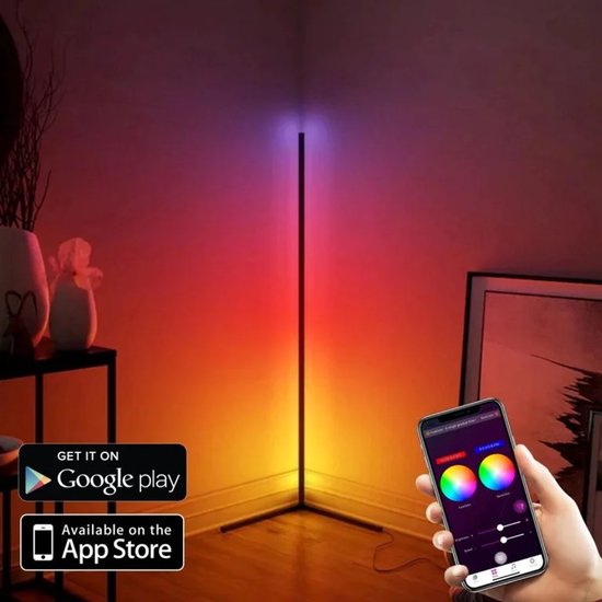 Hozard® Moderne LED Vloerlamp Z1 - Dimbare Hoeklamp + Bluetooth - Staande lampen - Led Lampen - RGB Smart Lamp - Zwart - V2