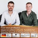 Twee mannen, Sebastian Stümpfle en Florian S., oprichters, met de Duitse vlag en logo's.