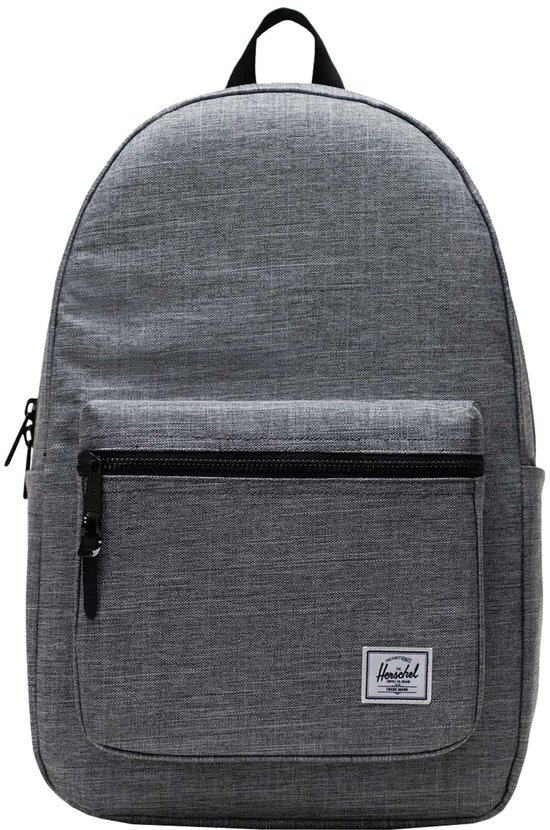 Sac à dos gris texturé avec une poche avant zippée et un logo Herschel.