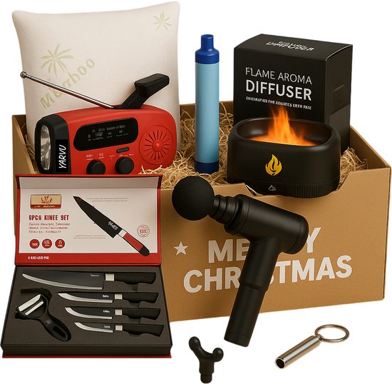 kerstpakket - Excellence 1 - Noodradio - Noodfluit - Bamboo Kussen - Massagegun - Messenset - Aroma Diffuser - Waterfilterset