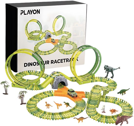 PlayOn Racebaan - Dinosaurus Speelgoed - Dinosaurus - Auto Speelgoed - 260 Onderdelen - Met Raceauto en Loopings