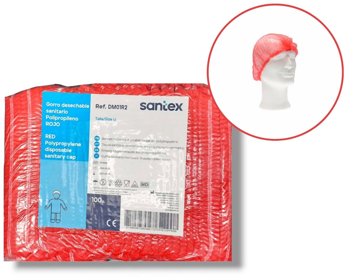 Santex Wegwerp haarnetje Rood – Non-Woven Polypropyleen Clip Cap – Met Dubbele Elastiek – One Size – 100 Stuks