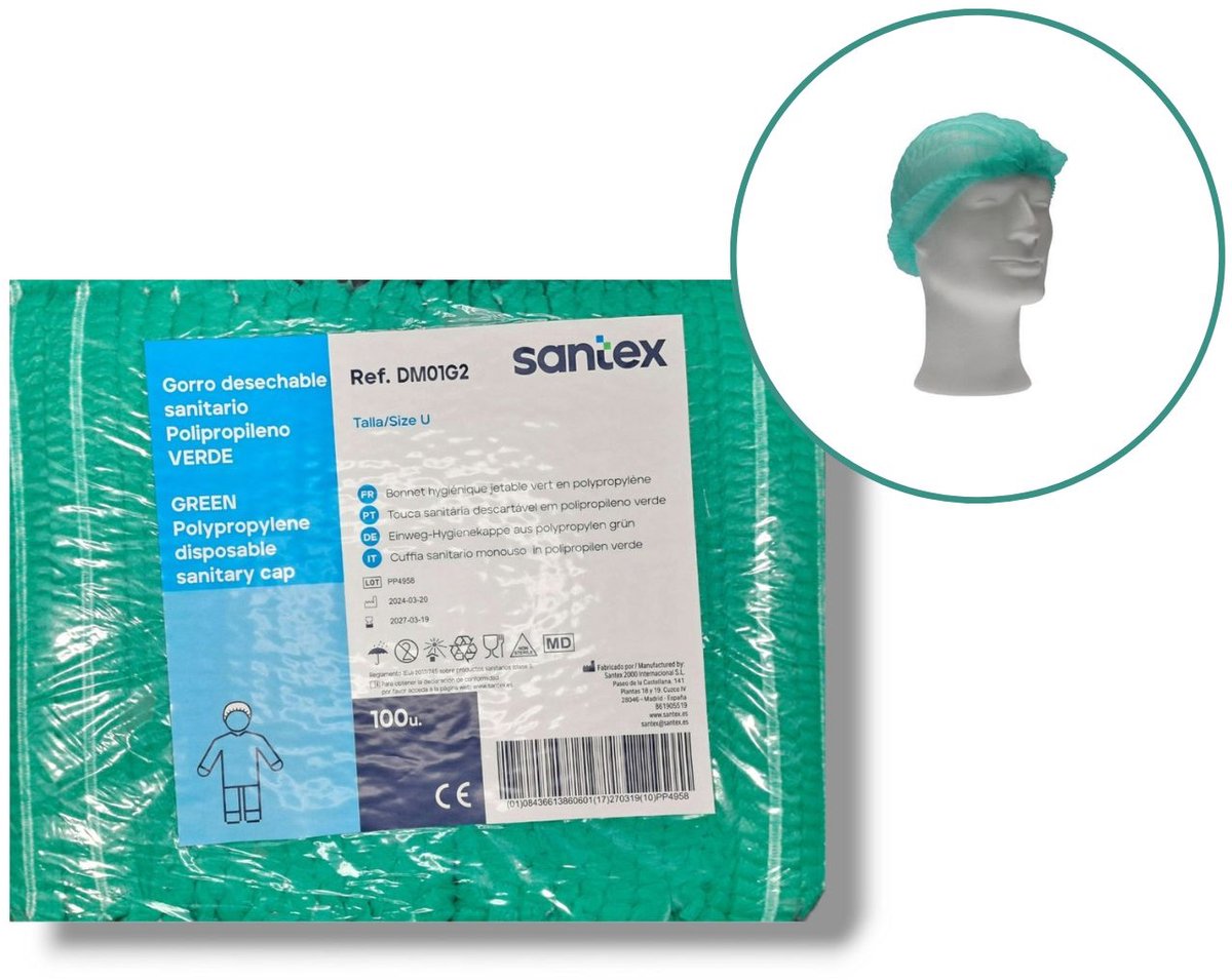 Santex Wegwerp haarnetje Groen – Non-Woven Polypropyleen Clip Cap – Met Dubbele Elastiek – One Size – 100 Stuks