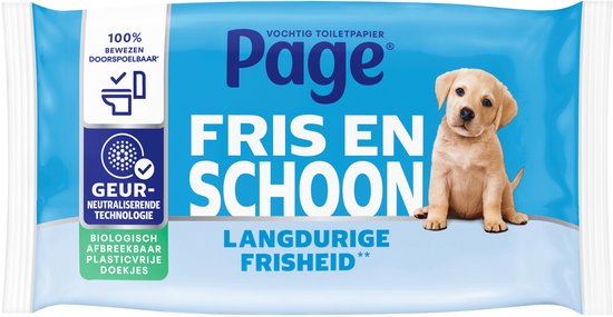 Page vochtig toiletpapier Fris en Schoon met Labrador puppy, langdurige frisheid. 100% bewezen doorspoelbaar.