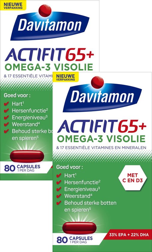 Twee verpakkingen Davitamon Actifit 65+ Omega-3 Visolie met 80 capsules per stuk. Groene en witte labels met rode details en een rode capsule.