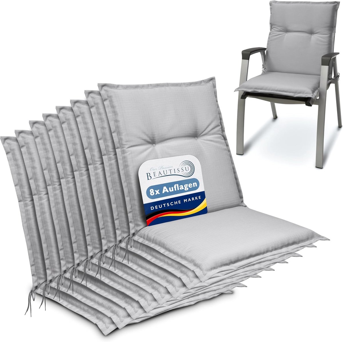 Beautissu Base NL – Set van 8 Tuinstoelkussens Lage Rug 100x50x6 cm Licht Grijs Kussen voor Tuinstoelen Zitkussen