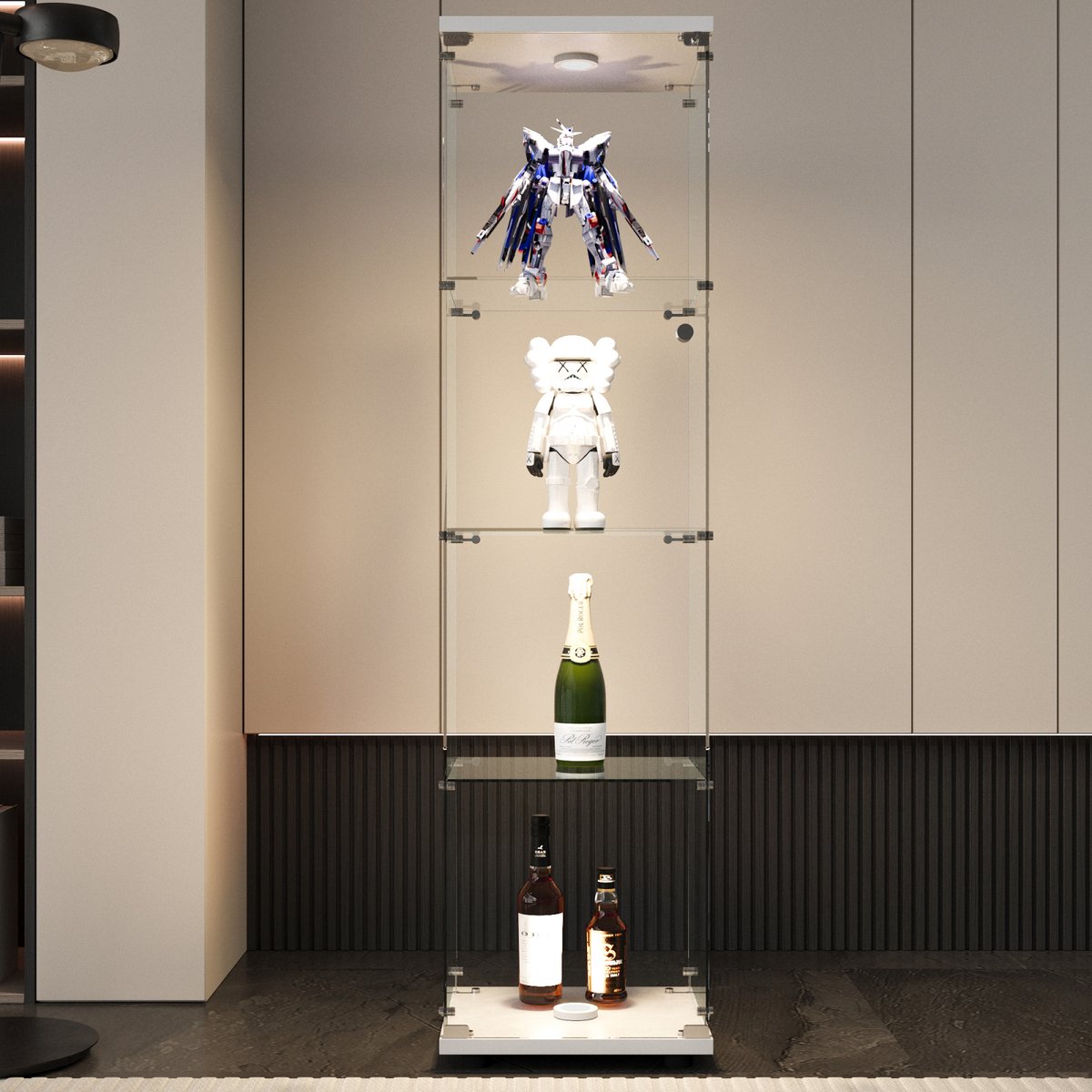 Moderne wijnkast Wit met LED-verlichting, vitrinekast 4 niveaus met glazen deur en gehard glas, enkeldeur