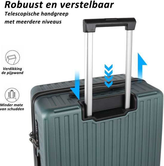 Lichtgroene koffer met robuuste, telescopische handgreep met meerdere niveaus.