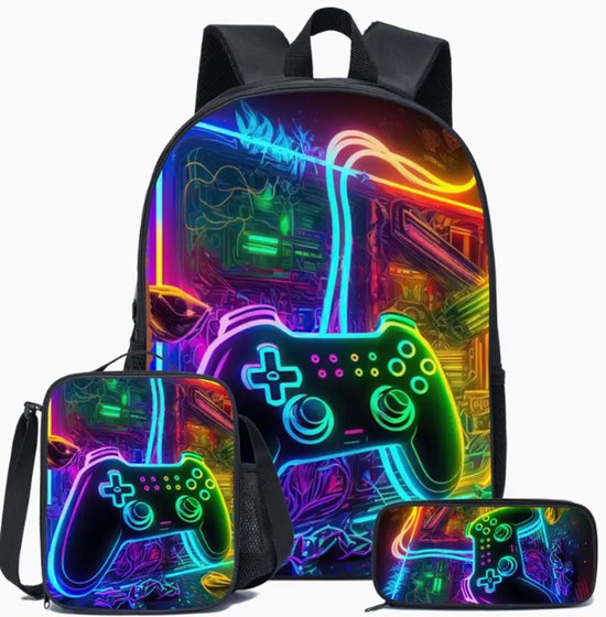 Game Rugzak | Controller Rugzak | Rugzak Kinderen | Regenboog | Rugtas met mooie 3D geprinte details | Jongens Schooltas | 15 - 20 liter | Rugtas, etui en lunchtas met mooie 3D geprinte details | 3-delige set jongens schooltassen | grote schooltas