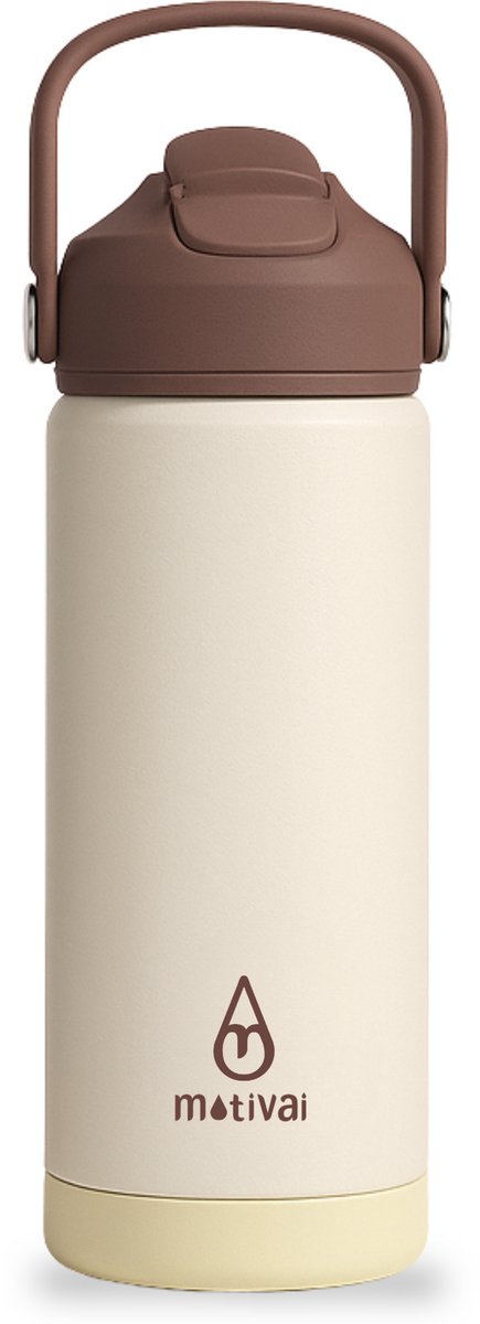 Motivai Safe Sip RVS Drinkfles met Rietje & Schoonmaakborstel – 550ML – 100% Lekvrij & Dubbelwandig – Thermosbeker Waterfles – Crème