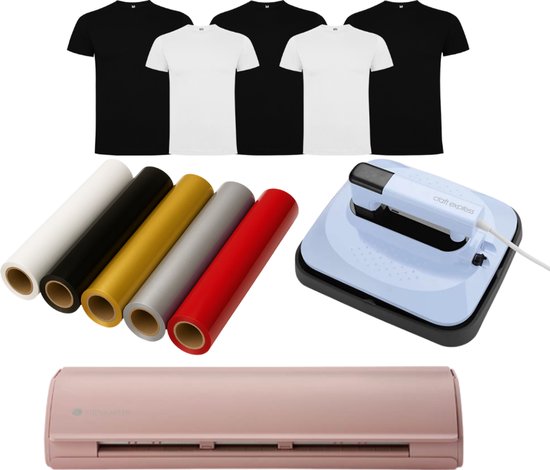 Silhouette Cameo 5 – Starset Textiel Bedrukken – Roze – Craft Express Handpers – 8 vellen Flexfolie Mix – 3 Witte & 3 Zwarte Roly Dogo Premium T-shirts