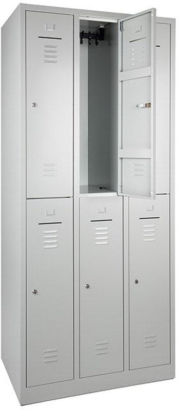 Grijze 6-deurs lockerkast, twee deuren open, met sleutel en haken.