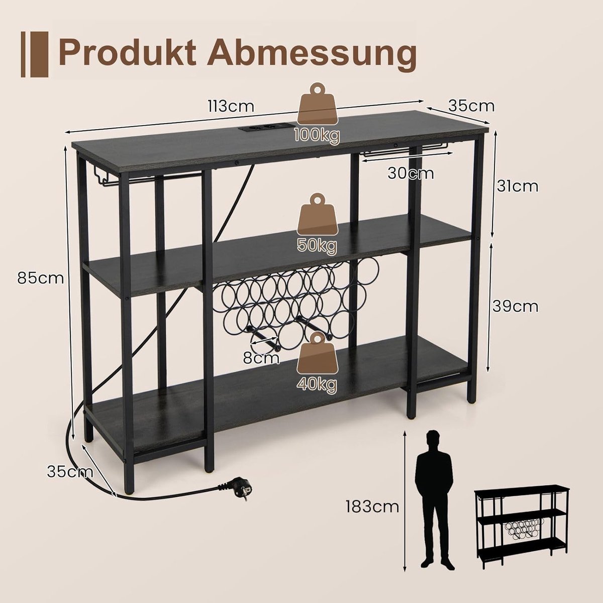 COSTWAY Wijnrek met glazen houder en planken, 3 niveaus, flessenrek met stopcontacten, voor 15 wijnflessen, industriële en vrijstaande wijnkast voor thuis, keuken, bar, 113 x 35 x 85 cm (grijs) — cadeau in Cadeau-ideeën - foto 2