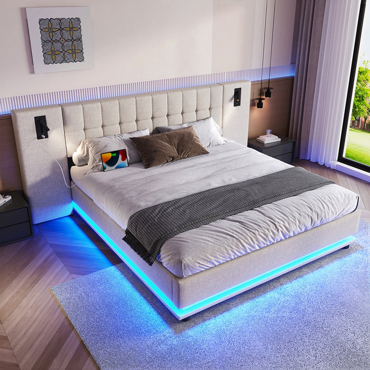 Komhtom Gestoffeerd bed, 180*200 cm, met ledstrip, hoofdeinde met spot, met USB, zonder matras, linnen, beige