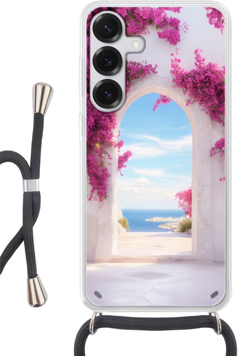 Telefoonhoesje Geschikt voor Samsung Galaxy S25 Plus - Zee - Roze - Bloemen - Poort - Siliconen - Crossbody - Backcover met Koord - Telefoonhoesje met koord - Hoesje met touw Telefoonhoesje