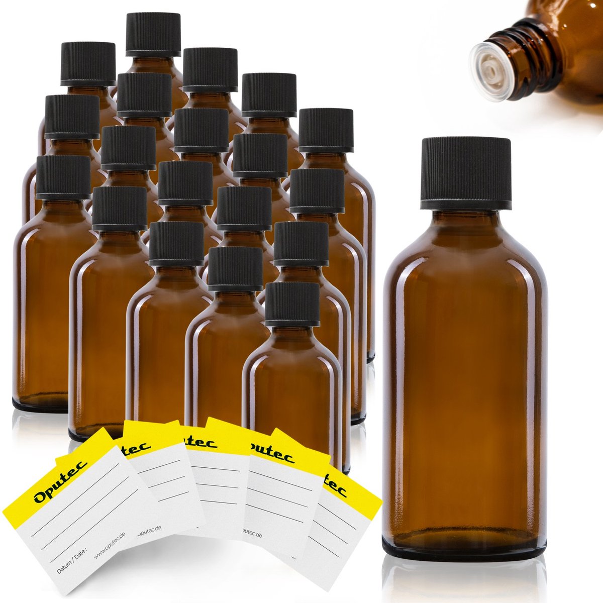 Oputec 20 x 50ml druppelflesjes – bruine apothekersflesjes met druppelinzet & etiketten – lekvrij & kindveilig