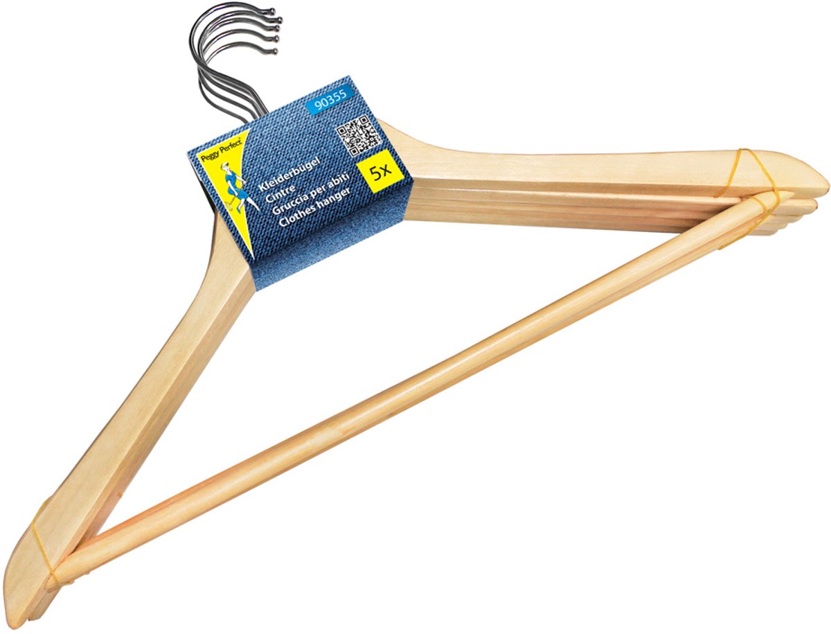 Houten kledinghanger met stang, naturel, set van 5