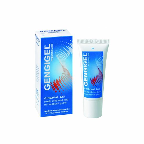Gengigel tandvleesgel tube en verpakking, blauw en oranje design, met hyaluronzuur.