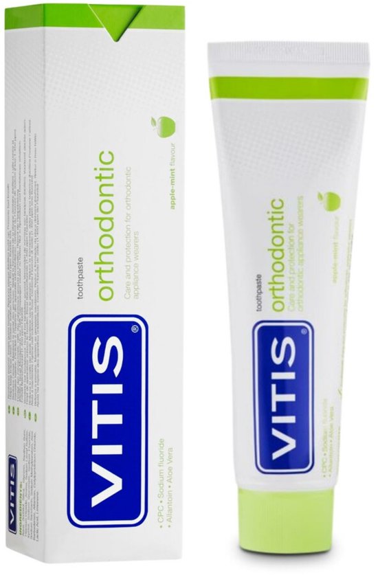 VITIS Orthodontic tandpasta tube en doosje, met groene dop, tekst en appel-munt smaak.