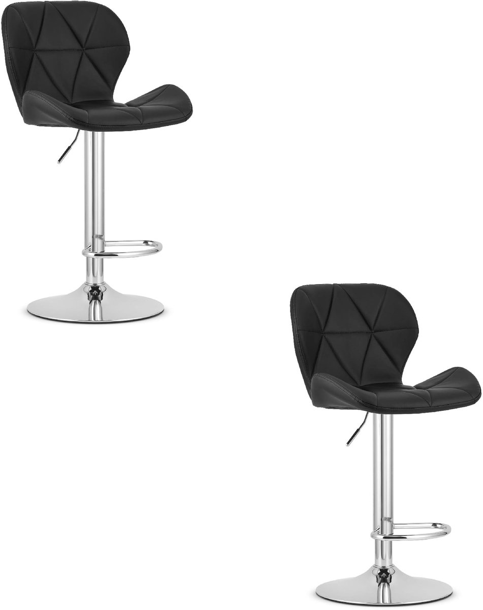 LEOBERT Set van 2 Barkrukken WEST – Kunstleer Zwart, Chromen Basis, Rugleuning, Verstelbare Hoogte, 360° Draaibaar, Comfortabele Voetsteun, Antislip Onderstel, Modern Design, Max. 110 kg zwart / chromen