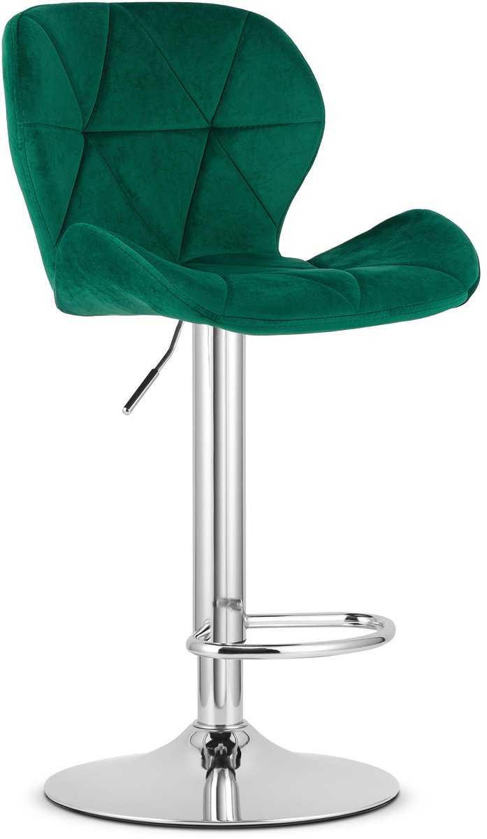 Barkruk WEST – Velvet Groen, Chromen Basis, Rugleuning, Verstelbare Hoogte, 360° Draaibaar, Comfortabele Voetsteun, Antislip Onderstel, Modern Design, Max. 110 kg