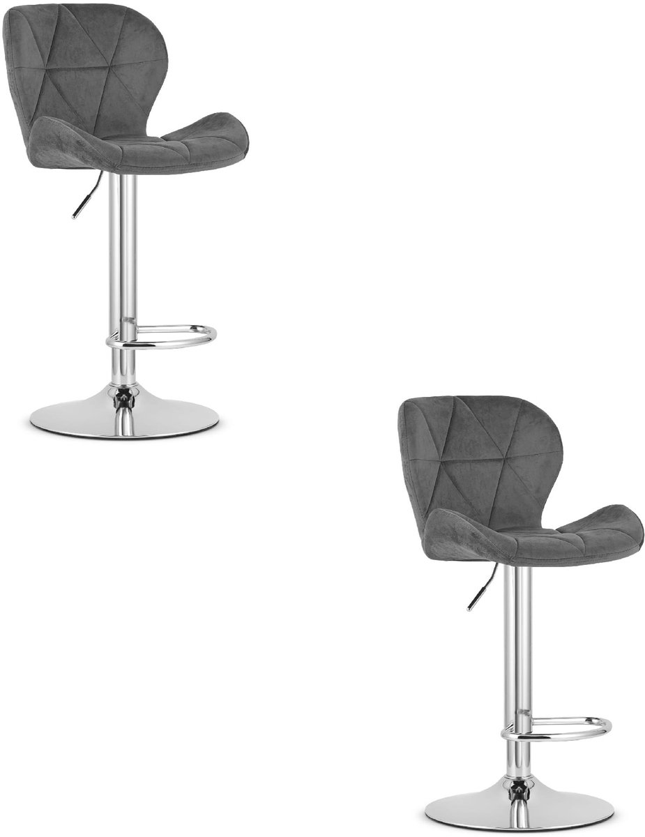 Set van 2 Barkrukken WEST – Velvet Grijs, Chromen Basis, Rugleuning, Verstelbare Hoogte, 360° Draaibaar, Comfortabele Voetsteun, Antislip Onderstel, Modern Design, Max. 110 kg