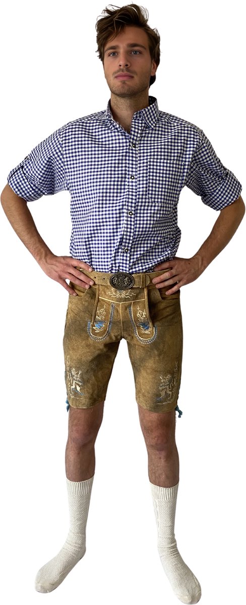 Trachten-Shop Lederhose Fischer Heren – Oktoberfest Korte Lederbroek - Zonder Bretels – Lichtbruin – Maat XL – 100% Echt Leder
