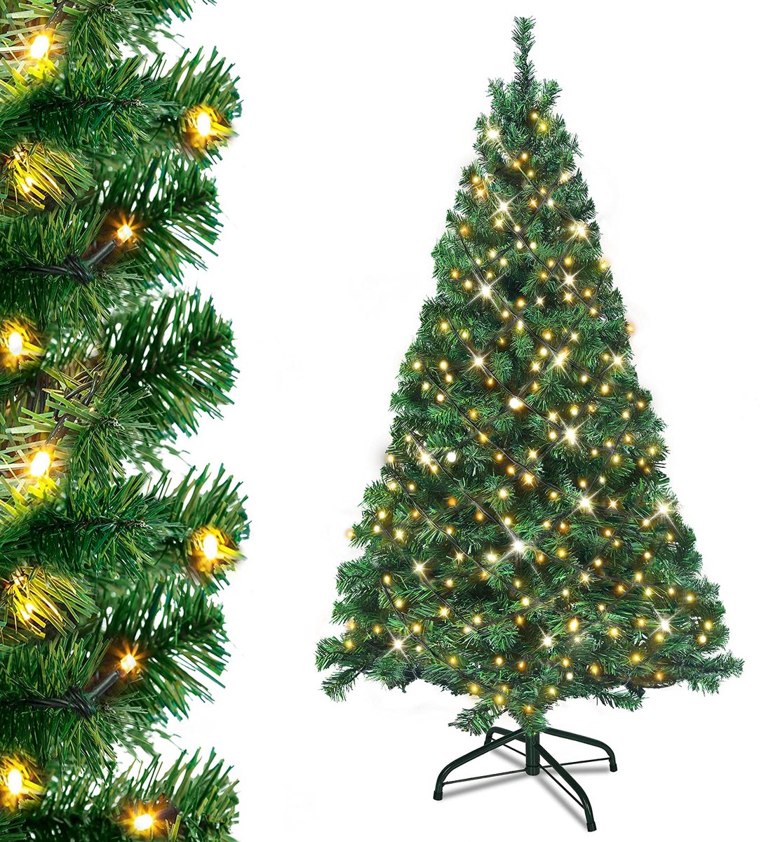 180cm Kunstkerstboom Met Warm Witte Led-Verlichting Inclusief Metalen Standaard En Punten, Pvc-Kerstboom Voor Kerstversiering, Herbruikbaar (Groen Pvc + Led)
