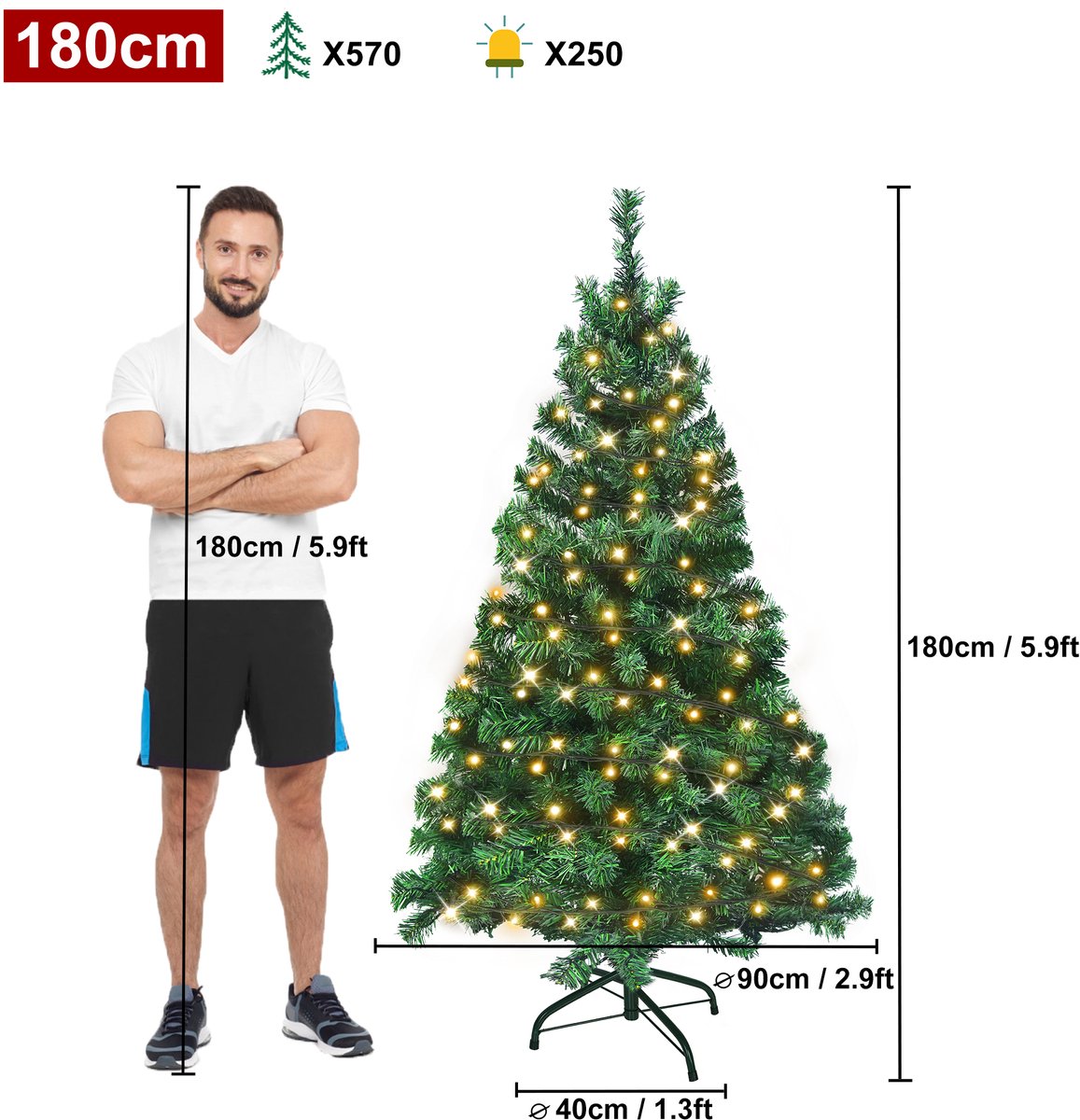 180cm Kunstkerstboom Met Warm Witte Led-Verlichting Inclusief Metalen Standaard En Punten, Pvc-Kerstboom Voor Kerstversiering, Herbruikbaar (Groen Pvc + Led) – foto 2