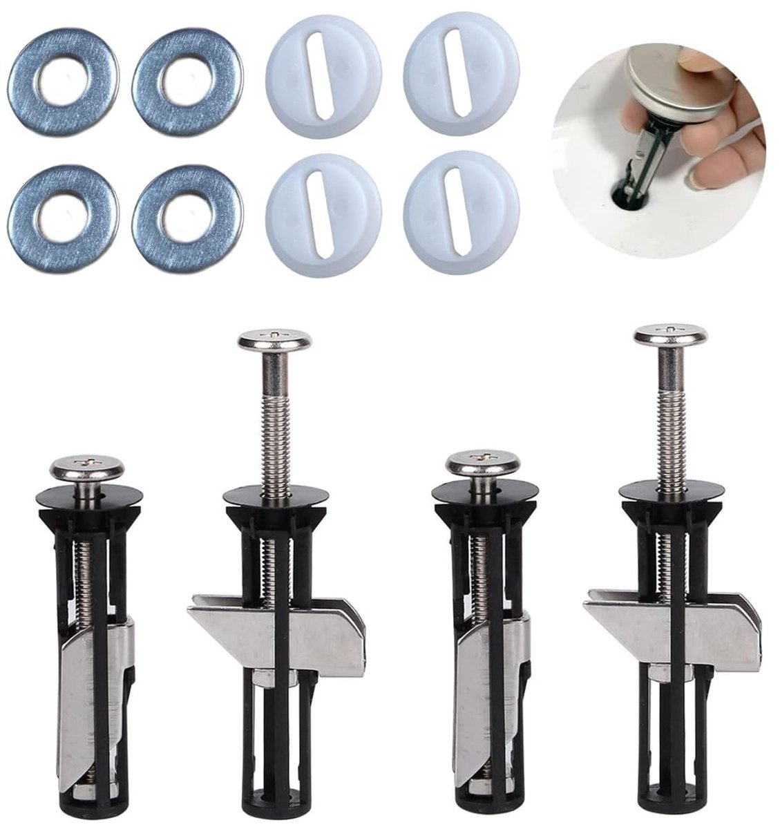 TOVBMUP 4 Stuks Bodenschroeven en Sluitringen Set - Universele Lange Uitvoering - M5 Schroeven met Sluitringen - Geschikt voor Meeste Toiletdeksels met Gaten van 14-20mm - Duurzaam RVS Materiaal - Incl. Montageset