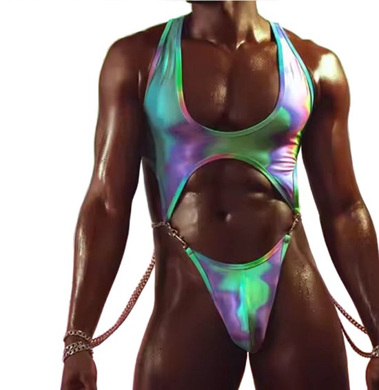 Foto: Porno jumpsuit heren kettingen en handboeien string bodysuit gekleurd