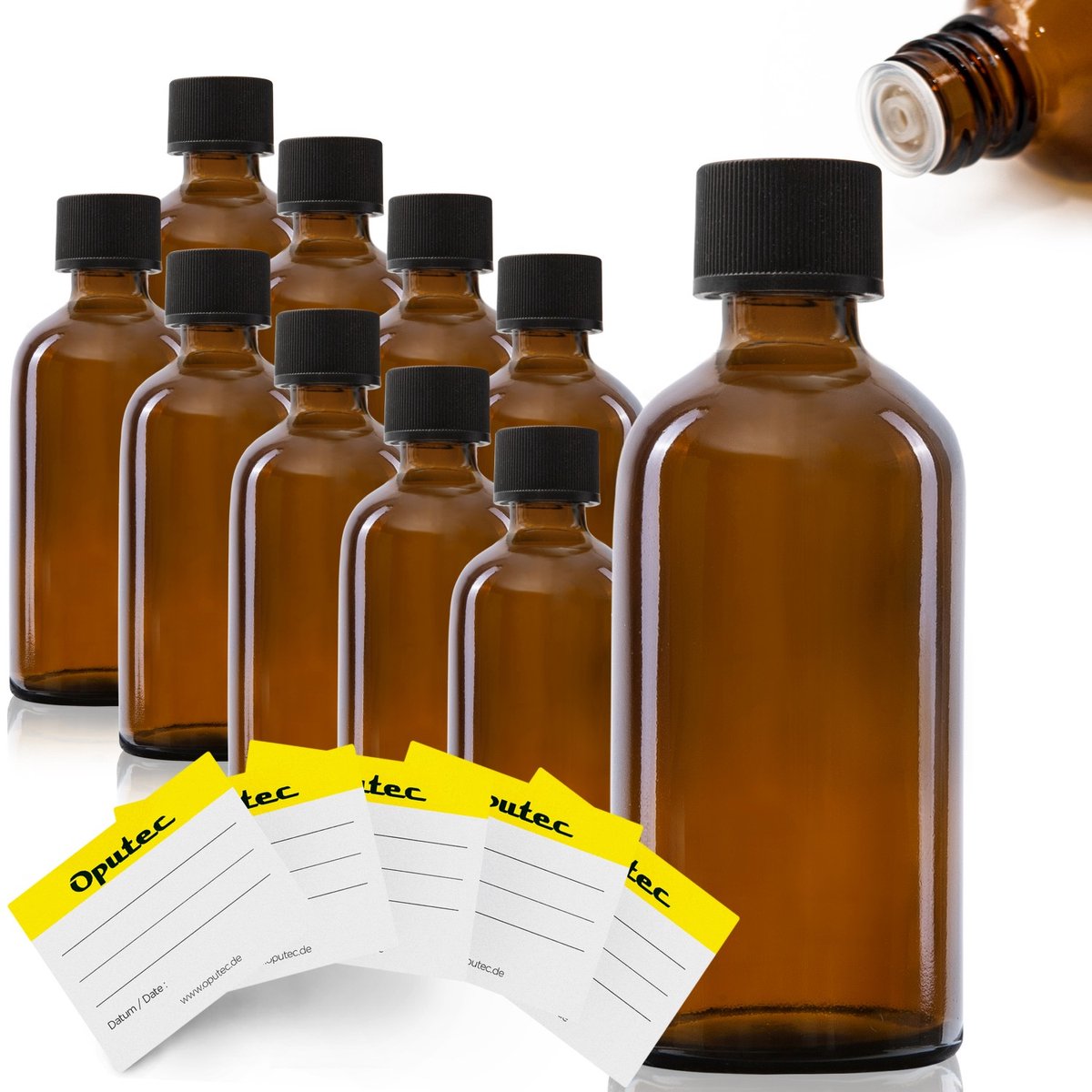 Oputec 10 x 100ml druppelflesjes – bruine apothekersflesjes met druppelinzet & etiketten – lekvrij & kindveilig