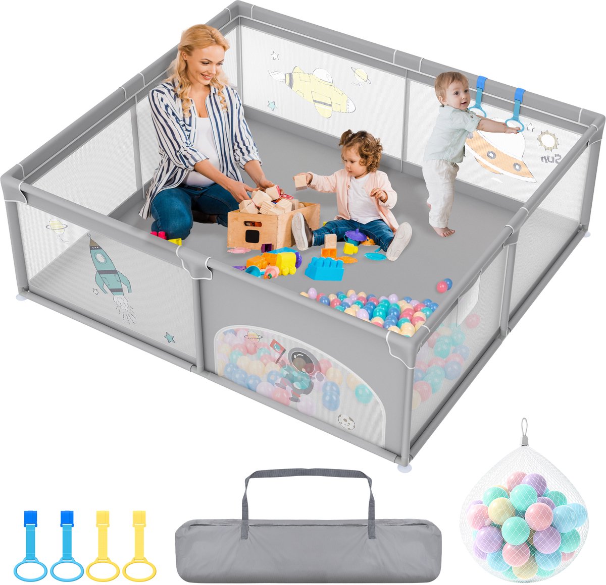 Babybox, draagbare veiligheidsbarrière met 50 ballen, 200x180x68cm Box, veilige speelruimte met ademend gaas, ritssluiting en 4 trekringen (Grijs mit Astronautenmotiven)