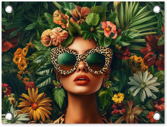 Tuinposter 40x30 cm - Tuindecoratie Vrouw - Panterprint - Jungle - Natuur - Luxe - Poster voor in de tuin - Buiten decoratie - Schutting tuinschilderij - Tuindoek muurdecoratie - Wanddecoratie balkondoek