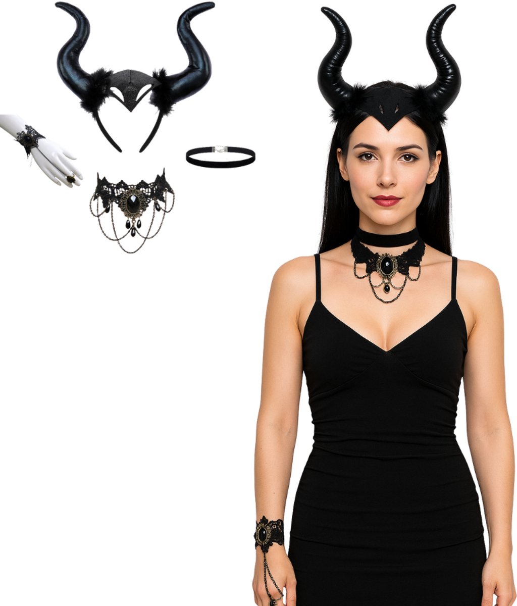 Joya Party® Halloween Accessoires Set 4-delig | Zwarte Hoorn Haarband | Gothic Choker Set | Duivel Hoorn Zwart | Malefi Lange Hoorns | Devil Horns | Armband met Ring | Verkleed Accessoires voor Volwassenen en Oudere Kinderen